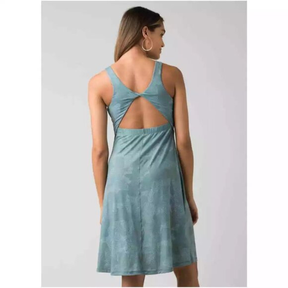 Prana Skypath Dress Blue Dotty Print Seafoam Back Cutout NWT Size Small - Picture 2 of 11